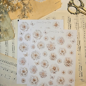Foglio di adesivi con fiori avorio / • Scrapbooking • Creazione di biglietti • Art journaling • Lavori di carta • Junk journal