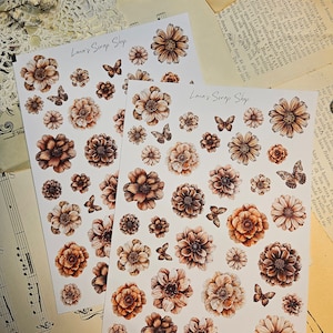 Hoja de pegatinas de flores marrones / • Scrapbooking • Fabricación de tarjetas • Art Journaling • Manualidades con papel • Junk Journal