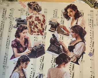 Vintage Typist Ladies Stickers: Scrapbooking, Junk Journal (Set of 6 or 9)