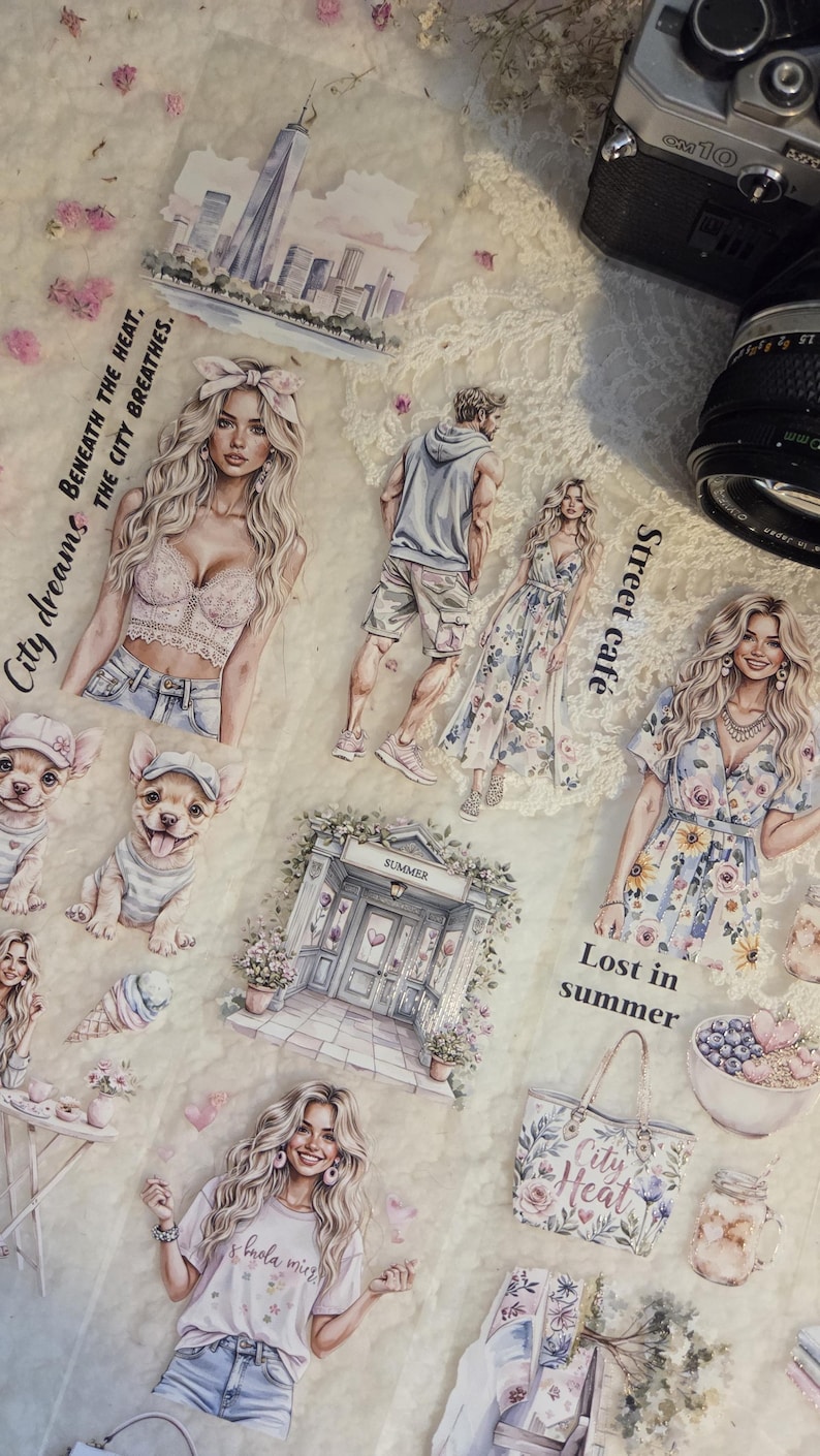May include: A collection of paper cutouts with a summer theme. The illustrations include fashion figures, puppies, cityscapes, and floral elements. Text includes "City dreams", "Street cafe", "Summer", "Lost in summer", and "City Heat". A vintage camera is in the background.