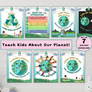 Puede incluir: Conjunto de siete carteles imprimibles del Día de la Tierra para niños. Cada cartel presenta una Tierra de dibujos animados con un mensaje diferente sobre la protección del planeta. Los carteles son coloridos y divertidos, con un esquema de colores verde, azul y blanco.