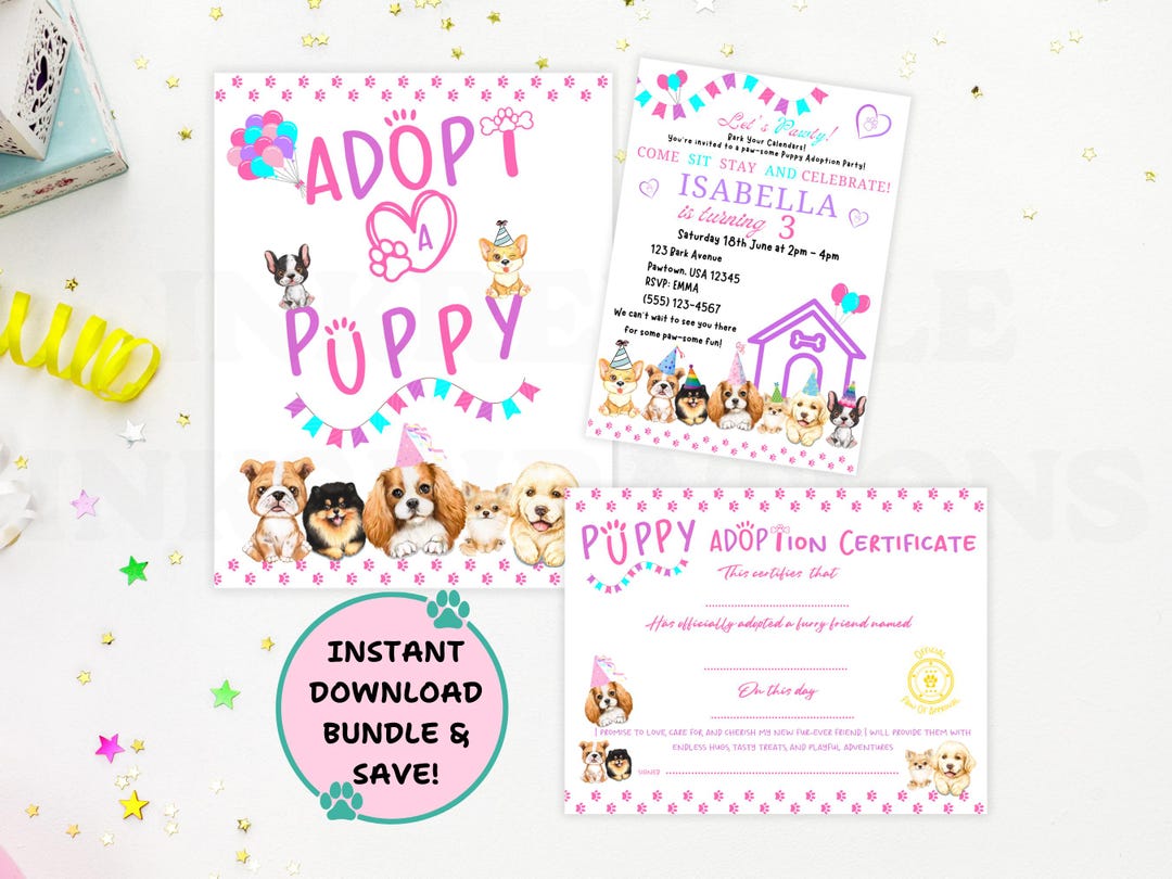 Puppy Party Printable Dog Birthday Bundle Adopt Puppy Set Kid Party ...