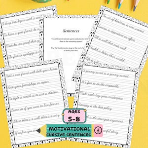 Op de afbeelding: Zwart-witte afdrukbare cursieve handschriftwerkbladen voor kinderen van 5 tot 8 jaar. De werkbladen bevatten motiverende citaten en zinnen zoals "Een lange reis begint met een enkele stap" en "Houd een echte vriend vast met beide handen".