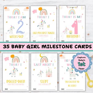 Scheda traguardo del bambino Scheda digitale stampabile per bambino Regalo per baby shower Accessorio fotografico Primo anno Memoria Unicorno Design arcobaleno Nuova mamma Tracker mensile