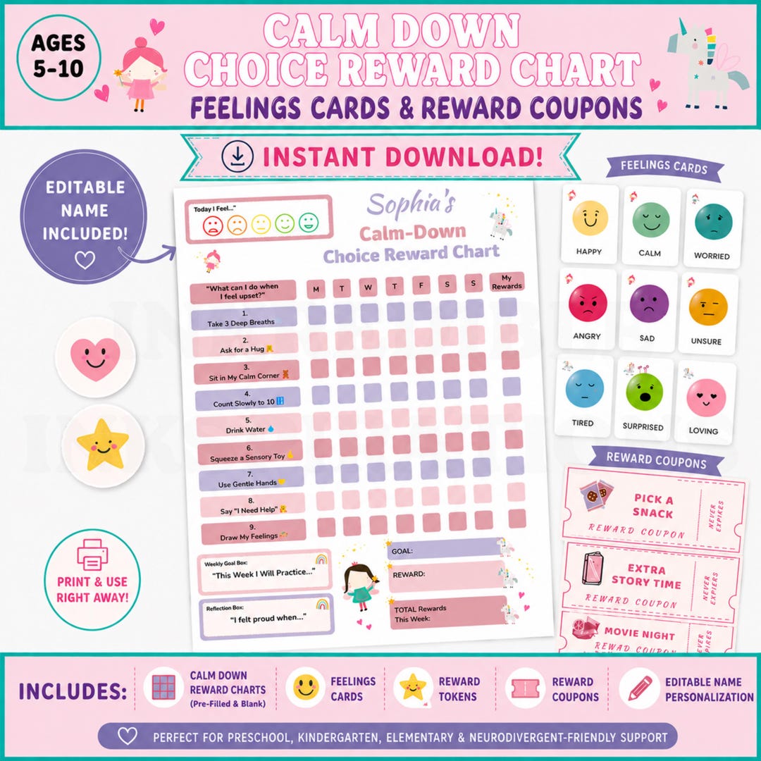 Calm Down Chart Editable Reward Coupons Kids Emotion Cards Feelings ...