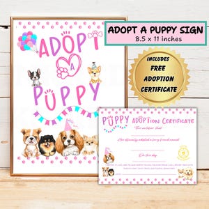 Haustier Adoption Party Zeichen Digital Download Welpen Adoption Zertifikat Hunde-Liebhaber Geburtstagsgeschenk für Kinder Welpen Geburtstag Party Decor