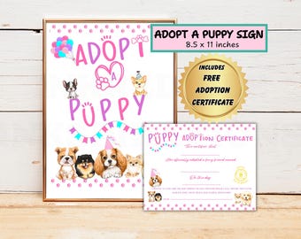 Haustier Adoption Party Zeichen Digital Download Welpen Adoption Zertifikat Hunde-Liebhaber Geburtstagsgeschenk für Kinder Welpen Geburtstag Party Decor