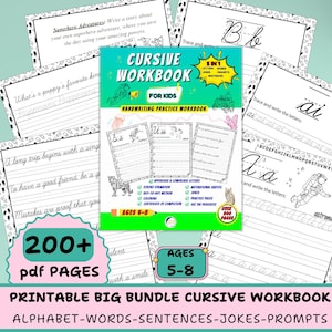 Puede incluir: Un libro de trabajo de escritura cursiva imprimible para niños de 5 a 8 años. La portada presenta un diseño colorido con un título que dice "Cuaderno de trabajo de cursiva para niños". El libro de trabajo incluye más de 200 páginas de actividades de práctica, incluyendo letras del alfabeto, palabras, oraciones, chistes y indicaciones.