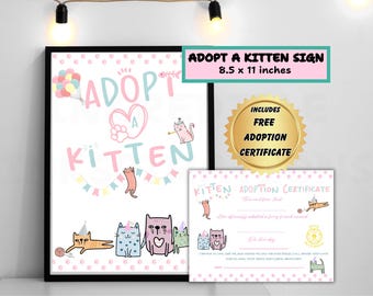 Adopt A Pet Certificate Kitten Adoption Printable Party Theme Birthday Party Decor Kids Cat Lover Gift Digital Download Kitten