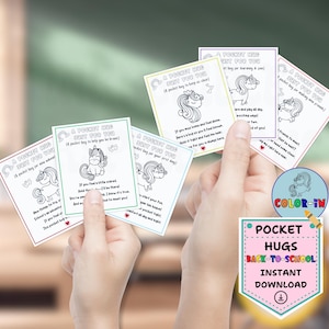 Tarjeta de abrazo de bolsillo imprimible, tarjeta para colorear de unicornio, alivio de la ansiedad para niños, apoyo escolar, regalo para el primer día, nota para la lonchera, recurso para maestros, consuelo