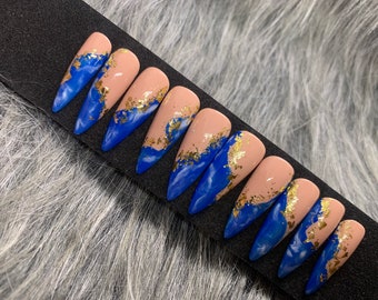 Set Sky blue False Nails Designed with Ocean Waves and Gold Foil Beautiful Press On Nails