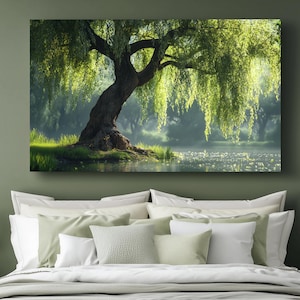Weeping Willow Over A Serene River - Canvas Print - Framed/Unframed Poster