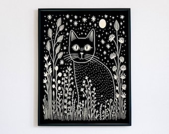 Black Cat Wall Art, Full Moon and Stars, Print Art Illustration, Instant Download