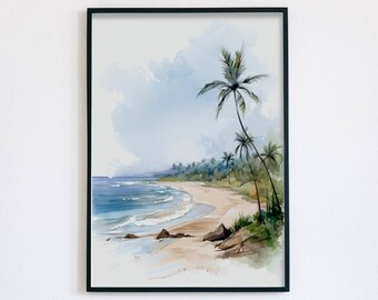 Palm Trees on a Sandy Beach, Tropical Beach Art, Instant Download and Print