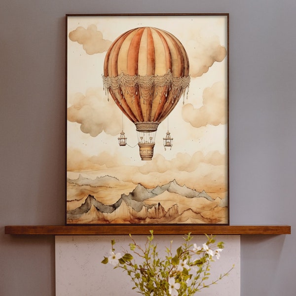 Hot Air Balloon Wall Art, Whimsical Vintage-Style Digital Print, High-Quality Instant Art, Red and Yellow Old-Fashioned Hot Air Balloon