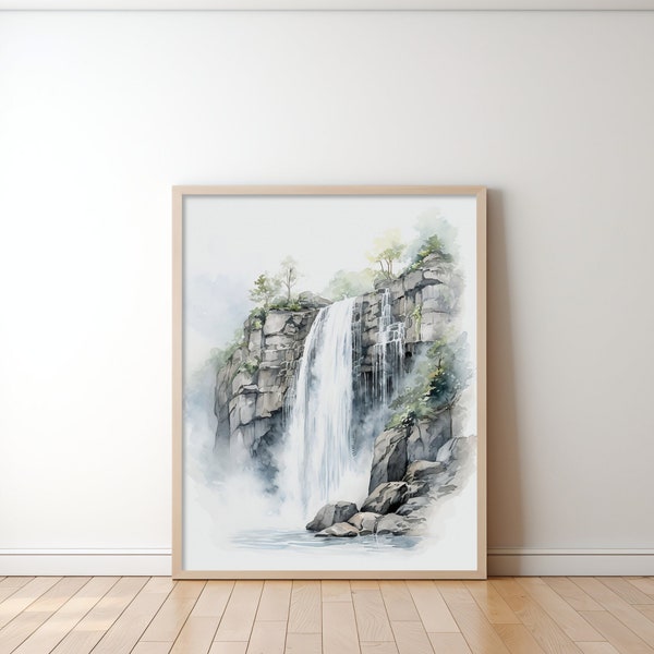 Waterfall Art Print, Aquarelle et Charbon Style Téléchargement numérique