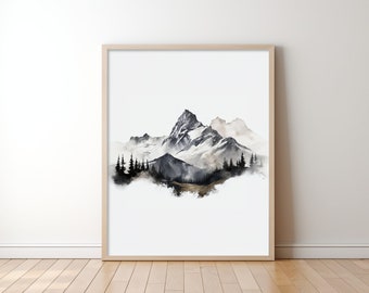 Mountain Art Print, Watercolour and  Charcoal Style, Printable Art Download