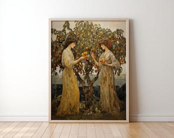 Women in Apple Orchard, Mosaic Style Art Print, Instantly download