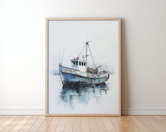 Fishing Boat Art, Instantly Printable, Watercolour and Charcoal Style