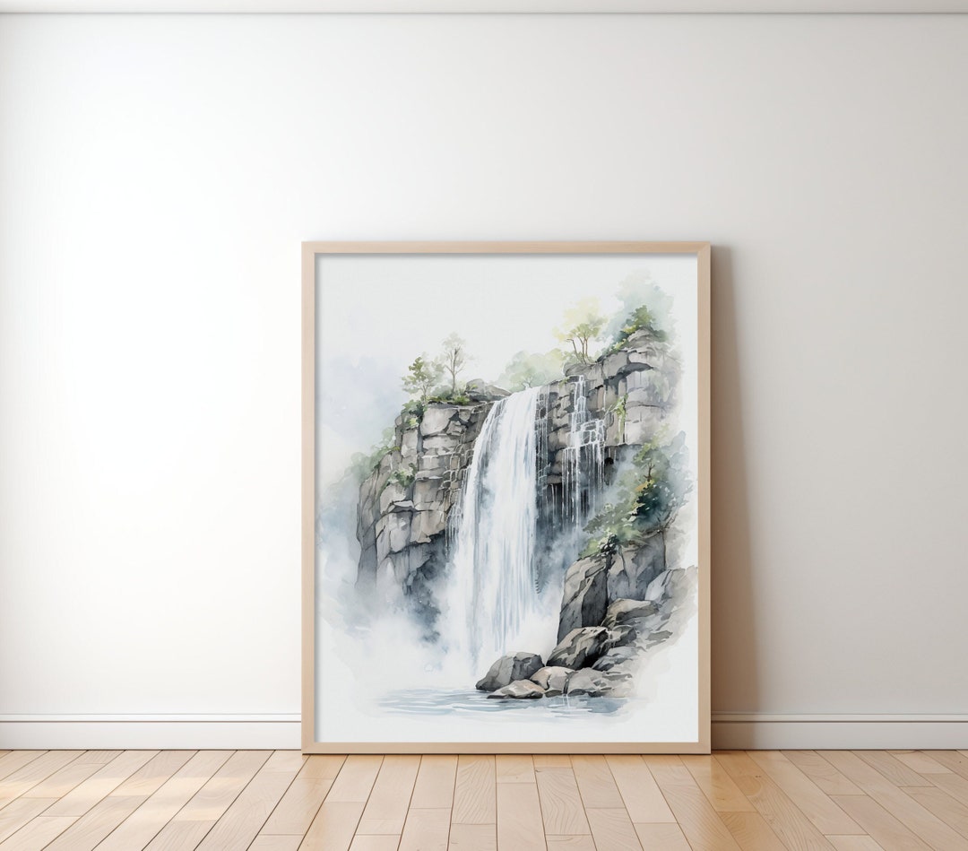Waterfall Art Print, Watercolour and Charcoal Style Digital Download - Etsy