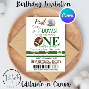 First Year Down Birthday Invite, Football Theme Invite, Football Boy Invite, Boy 1st Birthday, Football Invite