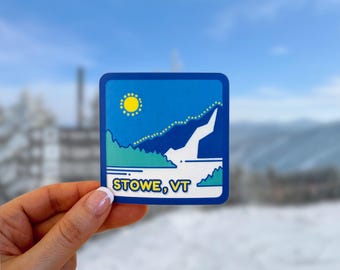 Ski Sticker, Valentines Gift for Skiers Snowboarders, Stowe Vermont, Water Bottle Sticker, Helmet Mountain Waterproof Snow Skiing Decal Glos