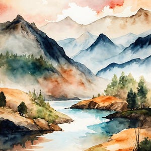 Majestic Mountain Landscape Serene River Vibrant Watercolor Nature Scenery Tranquil Reflection Scenic Hillside Lush Forests Colorful Sky JPG