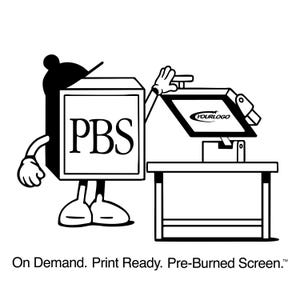 May include: A black and white line art illustration of a box-shaped character wearing a hat, labelled PBS, standing next to a heat press machine on a table. The machine screen displays the text YOURLOGO. Below is the text On Demand. Print Ready. Pre-Burned Screen.