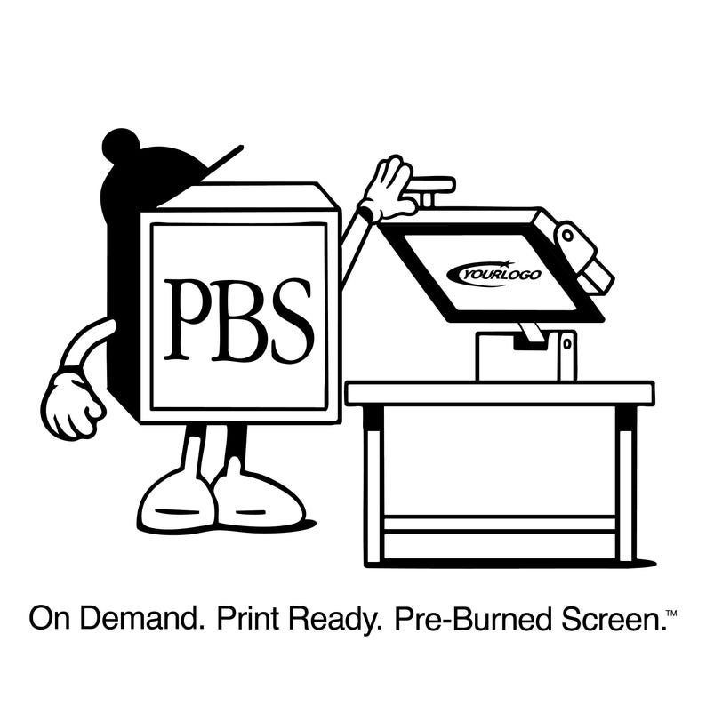 May include: A black and white line art illustration of a box-shaped character wearing a hat, labelled PBS, standing next to a heat press machine on a table. The machine screen displays the text YOURLOGO. Below is the text On Demand. Print Ready. Pre-Burned Screen.
