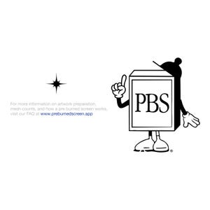 May include: A black and white graphic featuring a cartoon character with a square head labelled PBS, wearing a hat, and pointing upward. To the left, a four-pointed star icon and text reading: For more information on artwork preparation, mesh counts, and how a pre burned screen works, visit our FAQ at www.preburnedscreen.app