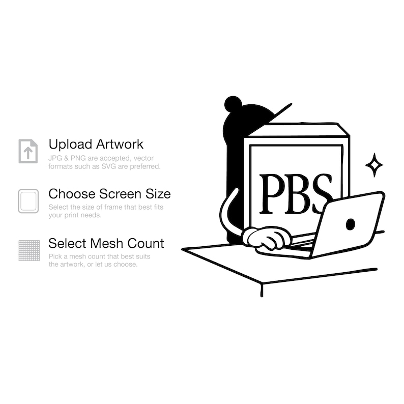 May include: A black and white graphic showing three steps: Upload Artwork, Choose Screen Size, and Select Mesh Count. To the right, a cartoon character with a square head labelled PBS sits at a desk using a laptop, with a star icon nearby.