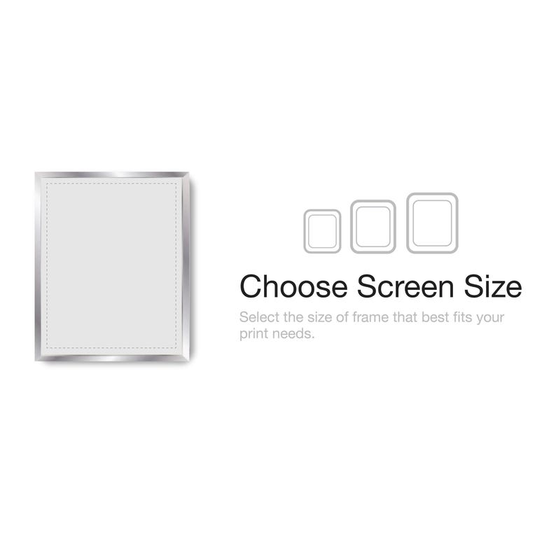 May include: A silver-toned rectangular frame with a light grey centre panel. To the right, three outlined rectangular icons of varying sizes are displayed above the text "Choose Screen Size" and "Select the size of frame that best fits your print needs."