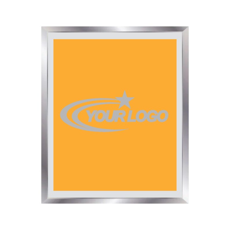 May include: A rectangular wall plaque featuring a bright orange centre panel enclosed by a metallic silver frame. The centre of the plaque displays a light grey graphic consisting of a stylised star with two curved swooshes and the text YOUR LOGO.