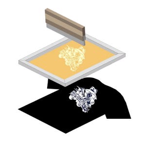 May include: A screen printing frame with a yellow mesh screen featuring a white graphic of a person wearing a hat and holding a large firearm, positioned above a black t-shirt displaying the same white graphic printed on the fabric surface.