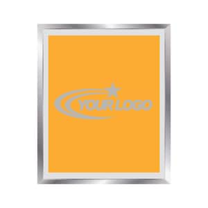 May include: A rectangular sign with a bright orange centre and a metallic silver frame. Centred on the orange background is a light grey graphic featuring a star and two curved lines, with the text YOUR LOGO printed in a bold, sans-serif font.