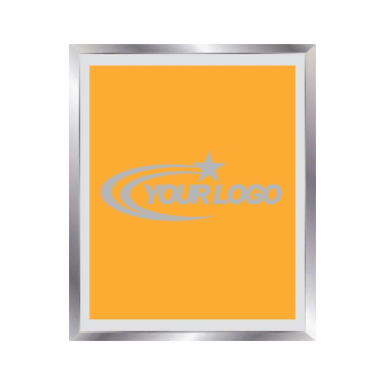 May include: A rectangular sign with a bright orange centre and a metallic silver frame. Centred on the orange background is a light grey graphic featuring a star and two curved lines, with the text YOUR LOGO printed in a bold, sans-serif font.