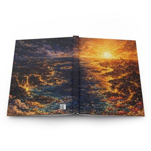 May include: Open journal with a vibrant, fantasy landscape design. The cover features a celestial scene with a sunset over a fiery, mountainous terrain. The interior pages are blank, ready for writing or sketching.