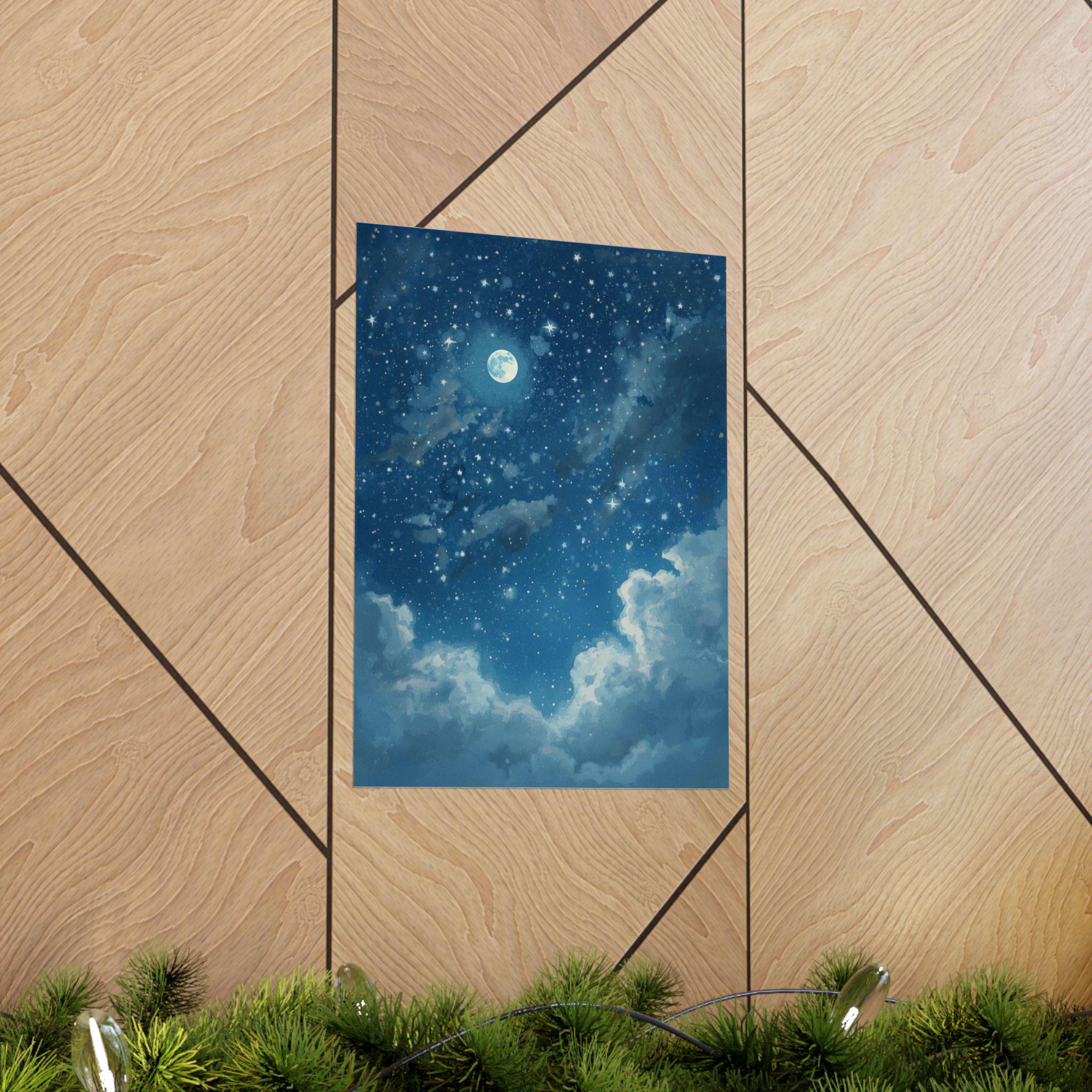 Dreamy Night Sky Wall Art Poster, Moon and Stars Print, Celestial ...