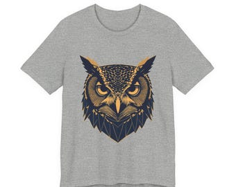 Camiseta de búho geométrico, camiseta gráfica de búho con arte lineal simétrico, camiseta de animal llamativo, regalo para amantes de los búhos