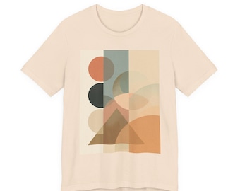 Camisa com círculos geométricos minimalistas, camiseta gráfica com formas retrô, blusa abstrata moderna, presente para amantes da arte