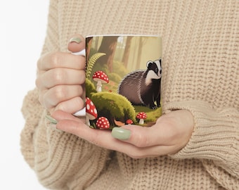Woodland Badger Mug, Mushroom Forest Coffee Cup, Rustic Wildlife Drinkware Gift