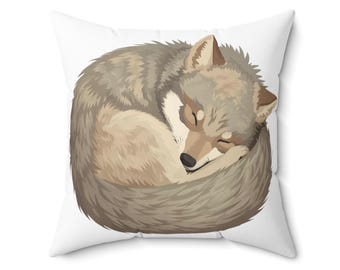 Cozy Wolf Design Pillow, Forest Decor, Animal Lover Gift, Home Accent, Sleepy Pet Cushion, Nature-Inspired Throw Pillow