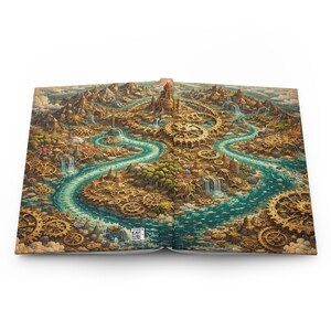 May include: Open journal with a detailed fantasy landscape. The artwork features a river, waterfalls, and a castle, incorporating gears and cogs for a steampunk aesthetic. The colour palette includes shades of brown, gold, and blue.