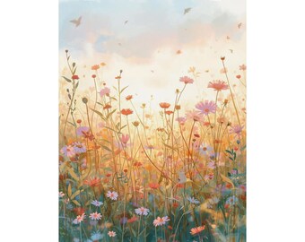 Watercolor Meadow Wall Art, Dreamy Botanical Print, Pastel Flower Poster, Nature Home Decor