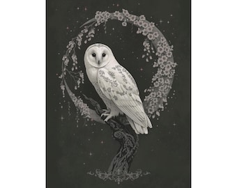 Soft Goth Owl Wall Art Print, Gothic Moon Animal Poster, Ethereal Barn Owl Artwork, Dark Fantasy Matte Decor