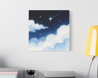 Night Sky with Clouds Wall Art Minimalist Celestial Print Modern Watercolor Home Decor Elegant Sky Artwork Gift for Nature Lovers