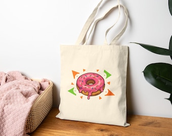 Retro Donut Cotton Canvas Tote Bag | Whimsical Sweet Treat Tote, Eco-Friendly Gift