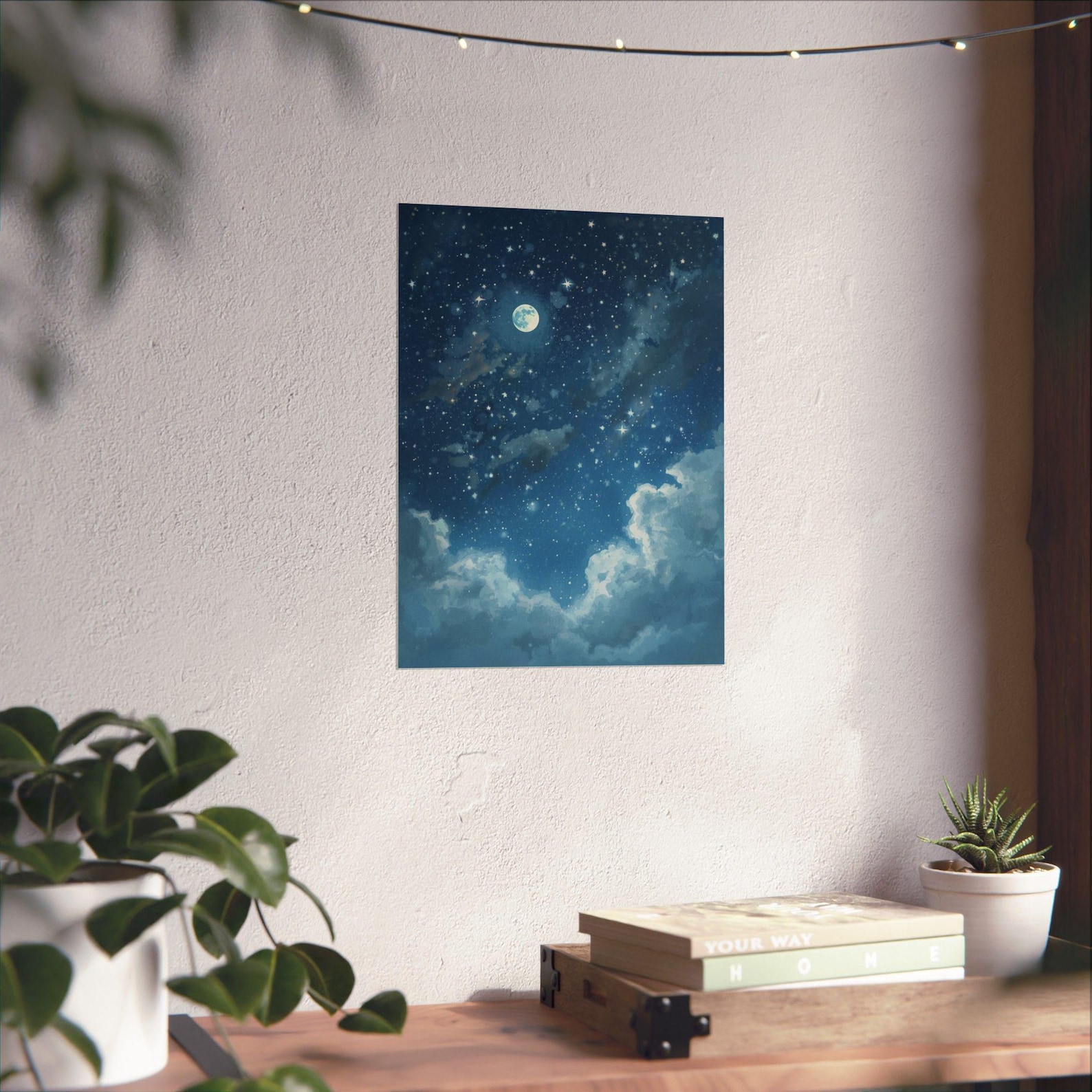 Dreamy Night Sky Wall Art Poster, Moon and Stars Print, Celestial ...