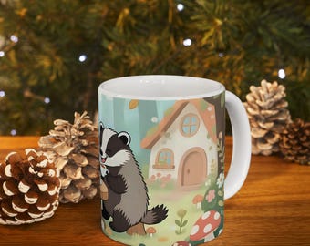Tea Time Badger Mug, Cottagecore Forest Cup, Cute Woodland Coffee Mug, Nature Gift Idea