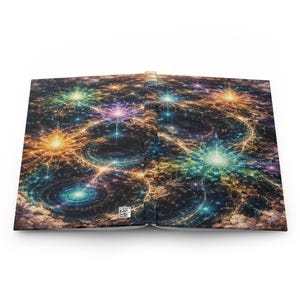 May include: Hardcover journal with a vibrant, colorful fractal design. The cover features a complex pattern of swirling galaxies and glowing starbursts in shades of orange, blue, green, and purple. The journal is open, revealing the interior pages.